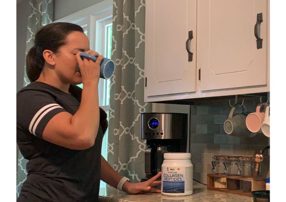 An image of a woman drinking Procaps marine collagen peptides