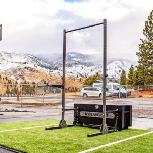 Product shot of BeaverFit Gym Box with snow covered mountains in background.