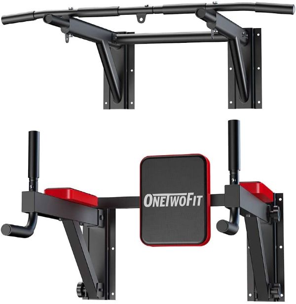 Product shot of OneTwoFit Wall Mounted Pull-Up Bar and another wall mounted pull up for comparison.