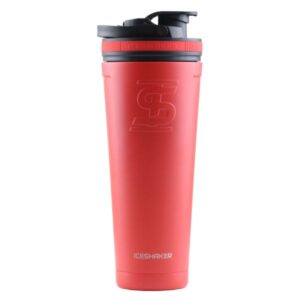 Product shot of 36oz red IceShaker blender bottle with lid attached.