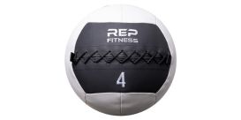 a gray and black medicine ball with REP Fitness logo