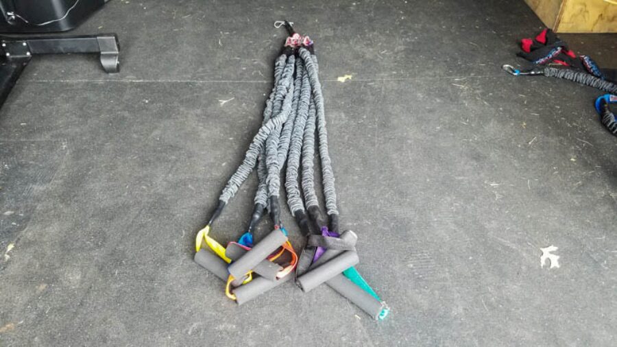 Image of resistance bands on a garage gym floor