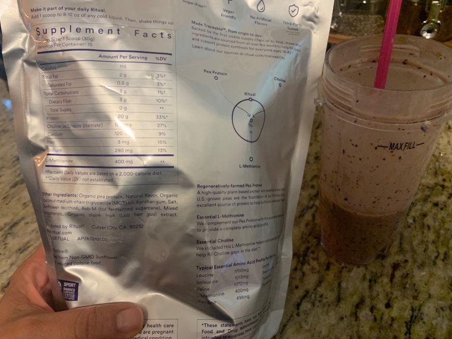 A bag of Ritual Protein Powder  with the Supplement Facts label showing