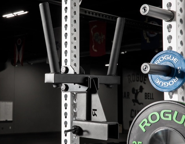 The Rogue Monster Matador Hanger on a squat rack holding the Matador