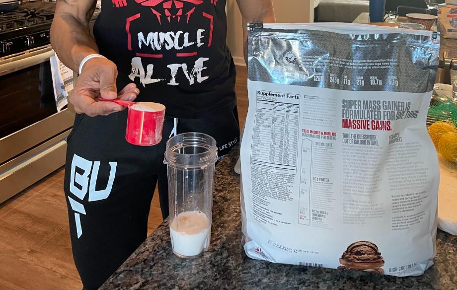 The back of a bag of Dymatize Super Mass Gainer, with the Supplement Facts showing.