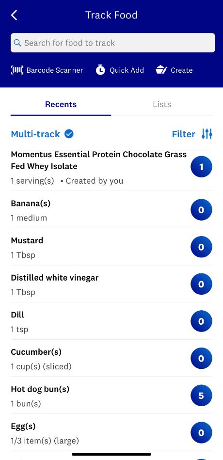 Snaptshot of tracking food for WeightWatchers review