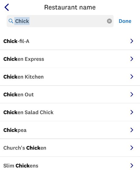 snapshot of WeightWatchers app: Restaurants
