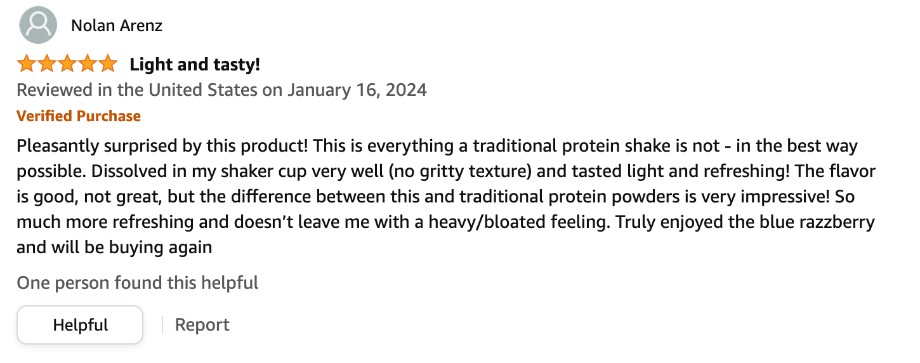 A positive Amazon review is shown for SEEQ Clear Whey Protein Isolate powder.