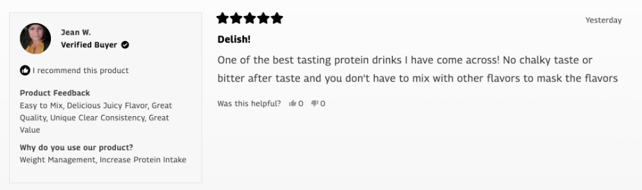 A positive review is shown for SEEQ Clear Whey Protein Isolate powder from the SEEQ website.