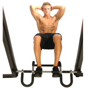 Shirtless man in black shorts and black shoes doing sit ups on Back view of shirtless man in black shorts doing pull ups on Stamina Doorway Trainer Plus.