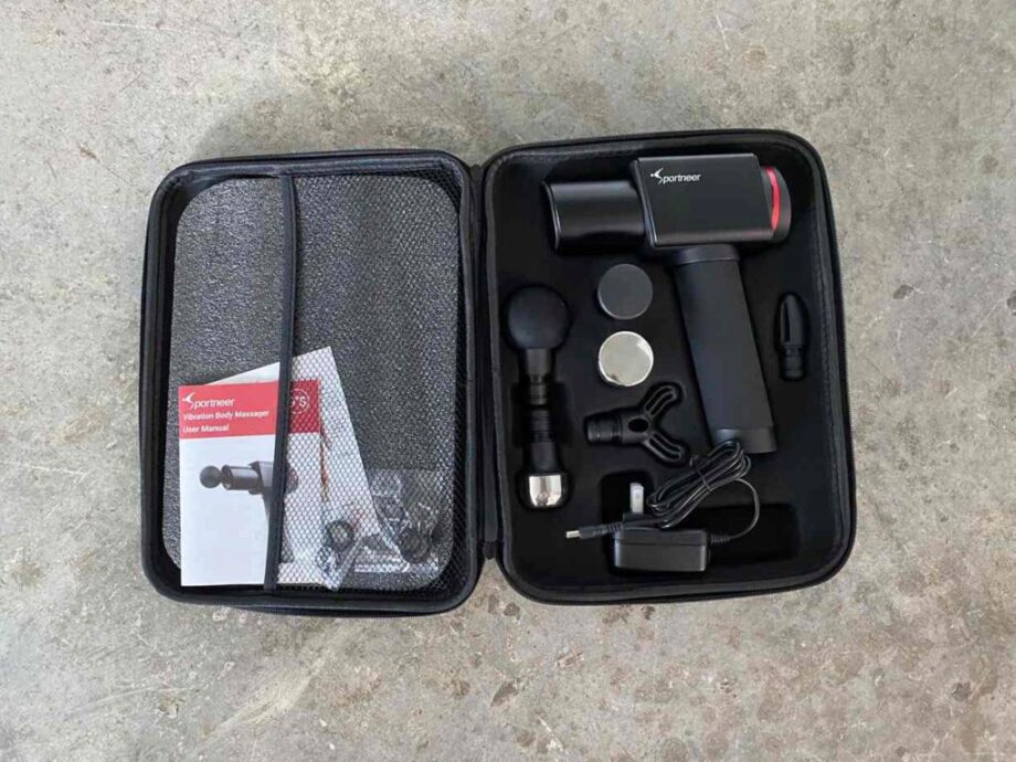 Sportneer Elite D9 massage gun with attachments in case