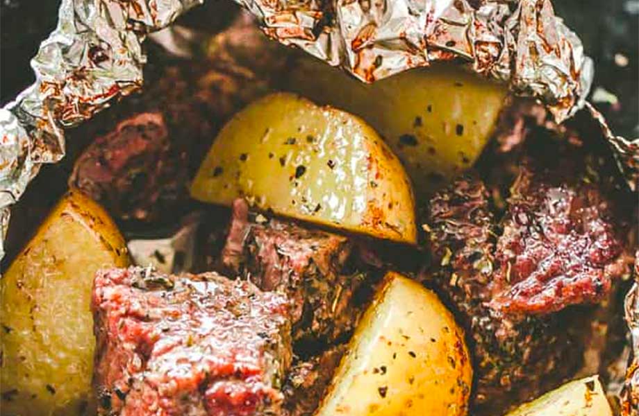 Steak and potatoes in foil packets for high-protein dinner