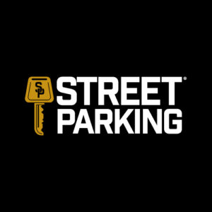 Street Parking fitness logo white on black background