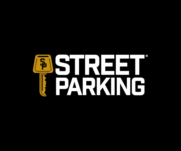 Street Parking fitness logo white on black background
