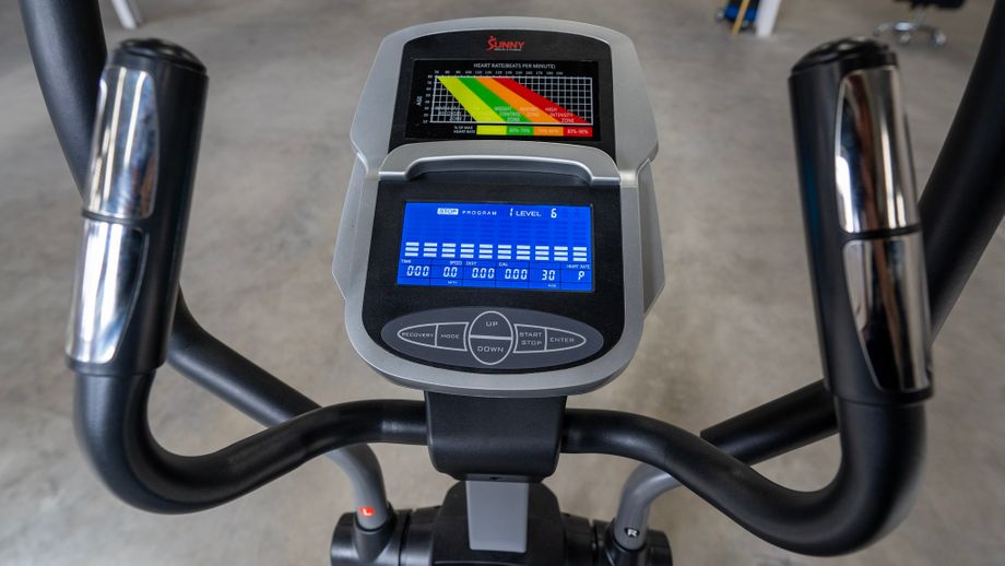 Sunny Health and Fitness Magnetic Elliptical product photo of LCD display and handlebars
