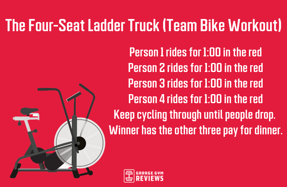 four seat ladder team bike workout red background graphic
