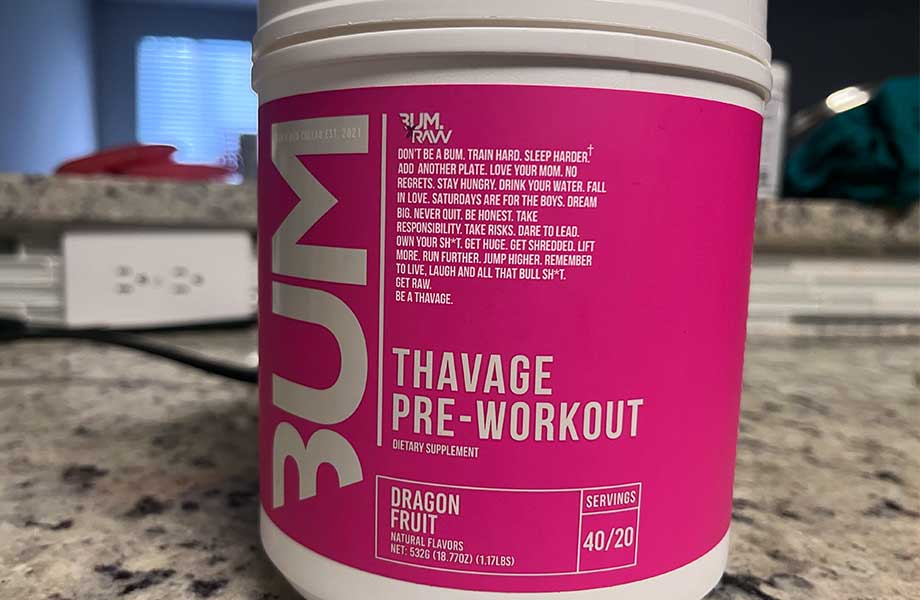 A container of Thavage pre-workout