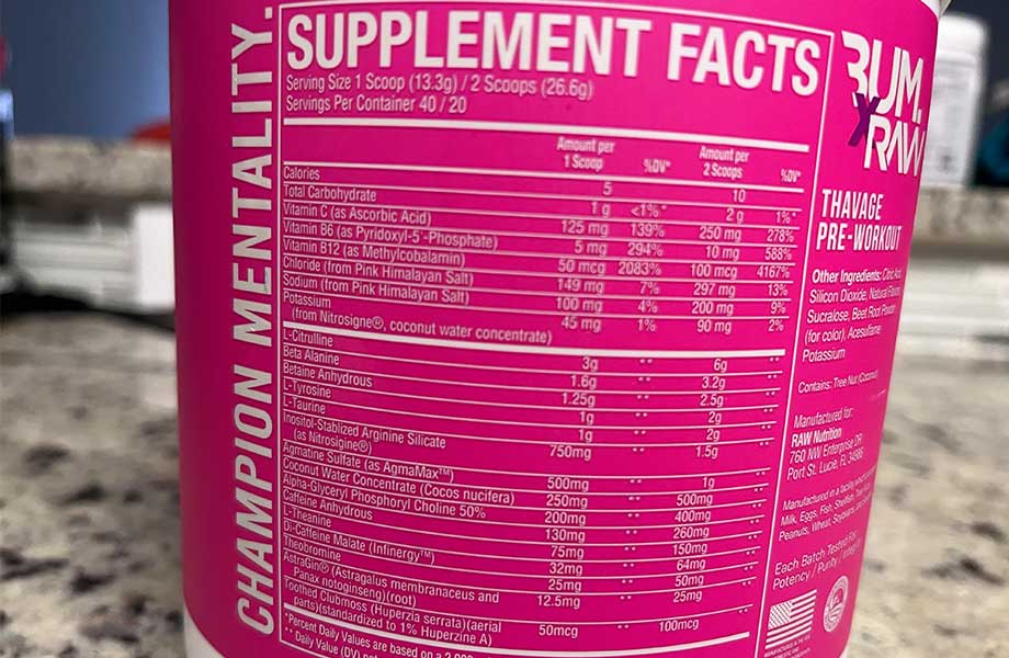 Supplement label on a container of Thavage pre-workout