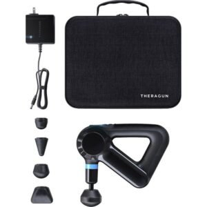Theragun Elite with carrying case, charger, and massage head attachments