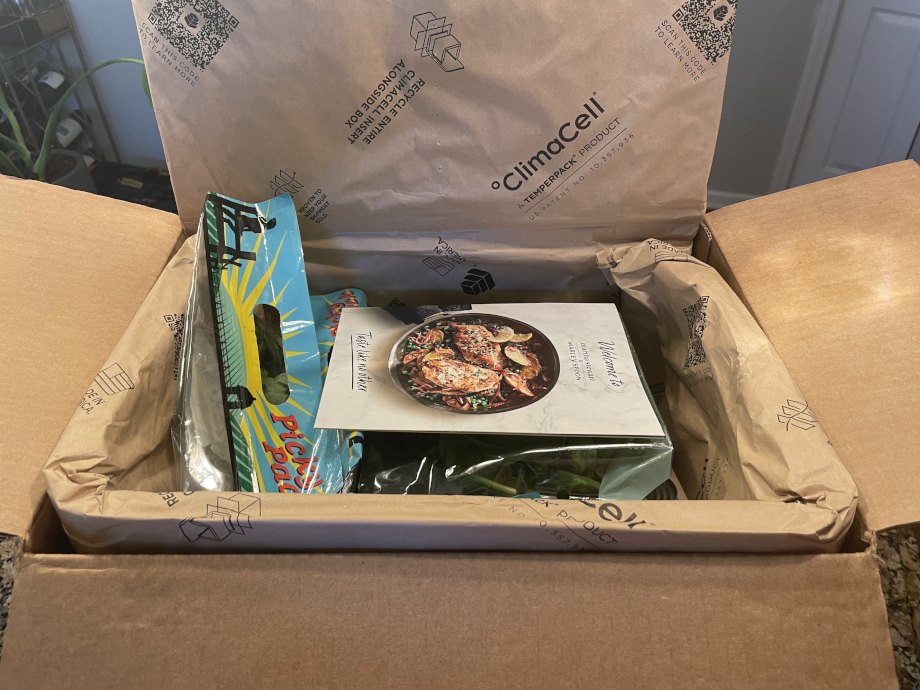 Top layer of stuff in a box from Martha snd Marley Spoon