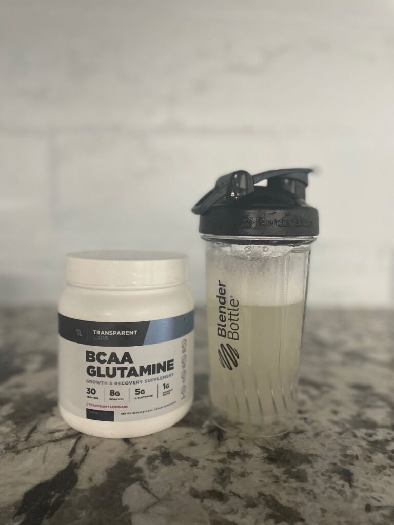 An image of Transparent Labs BCAA Glutamine in a shaker