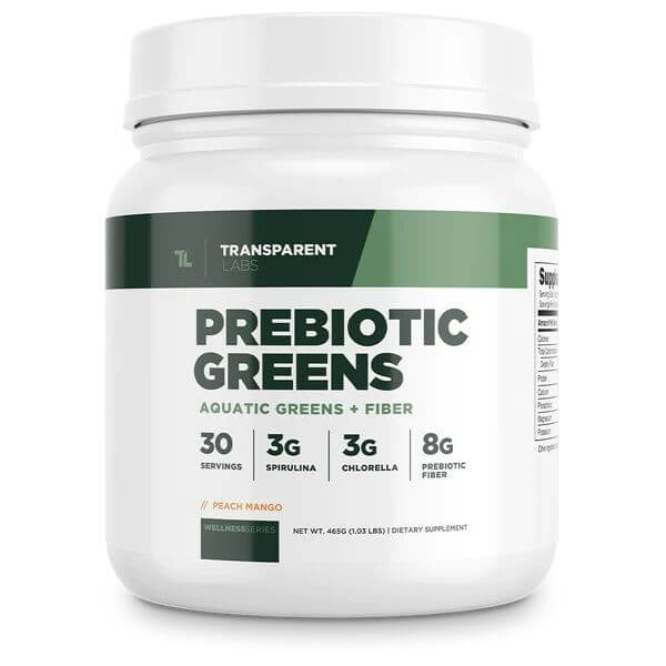 Transparent Labs prebiotic greens product photo white plastic container with green logo