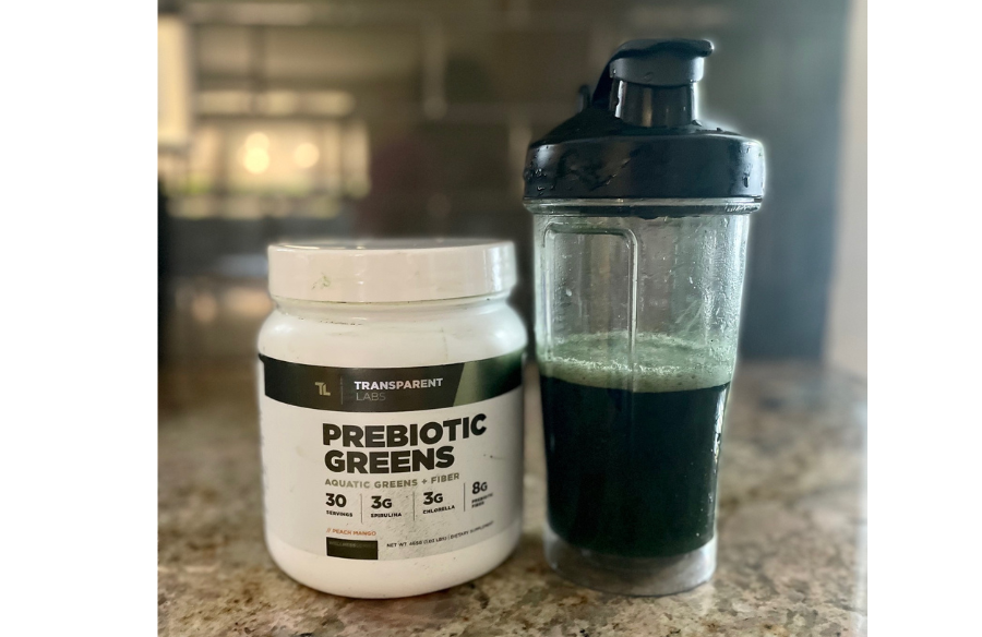 An image of Transparent Labs Prebiotic Greens in a shaker