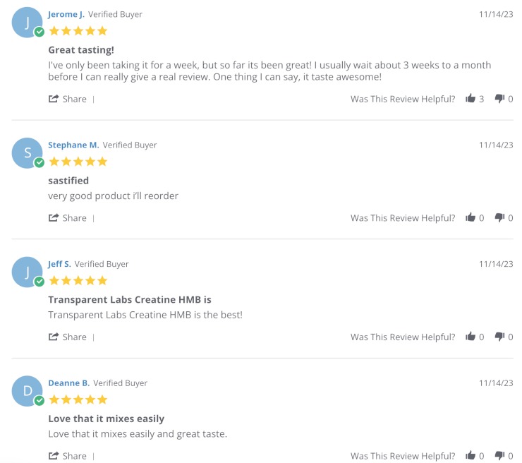 Screenshot of positive Transparent Labs reviews