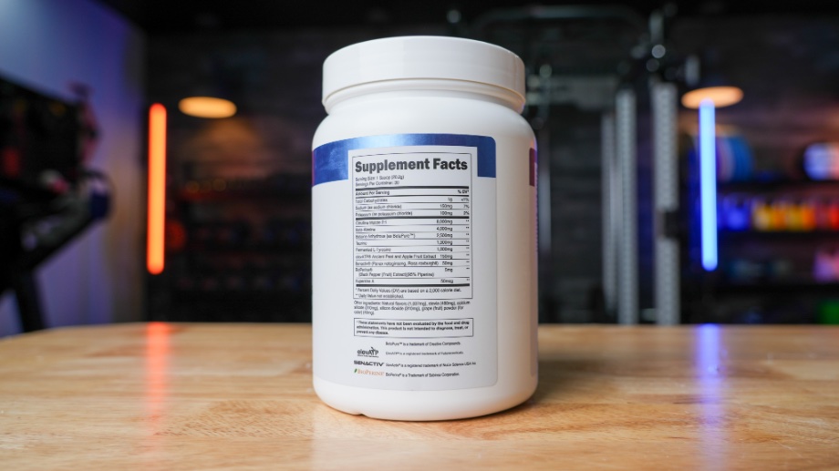 A container of Transparent Labs Stim-Free Pre-Workout is turned so the Supplement Facts label is visible.