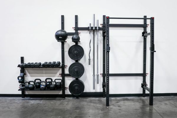 An image of Tru Grit's wall-mounted modular weight storage system
