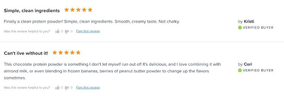 Two positive Truvani Protein Powder reviews are shown from the Truvani website