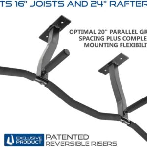 Ultimate Body Press Ceiling Mounted Pull Up Bar showcasing patented reversible risers for 16 and 24 inch joists.