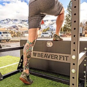 Up close photo of man stepping up on BeaverFit Gym Box.