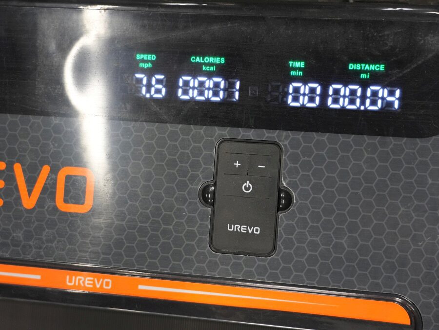UREVO treadmill stats on the top of the treadmill.