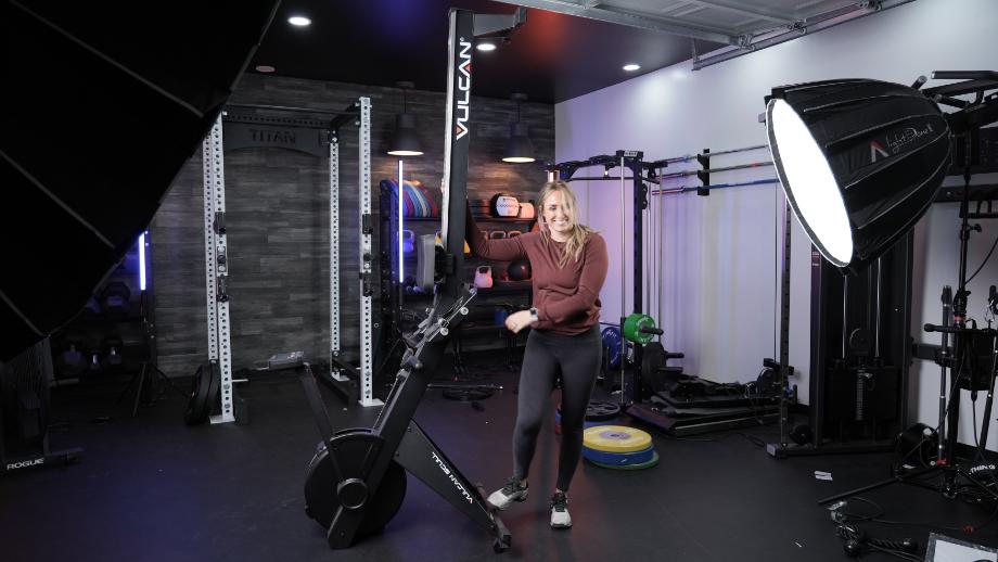 Vulcan Scull rowing machine in upright storage position