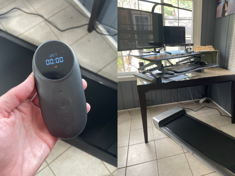 A hand holds up the WalkingPad Treadmill remote