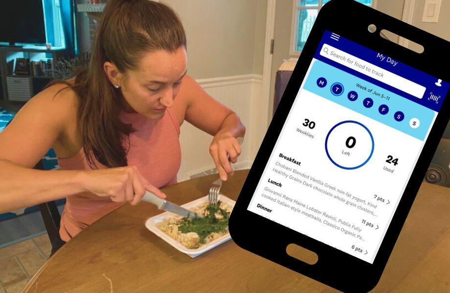 woman eating food, phone showing tracking in WW app