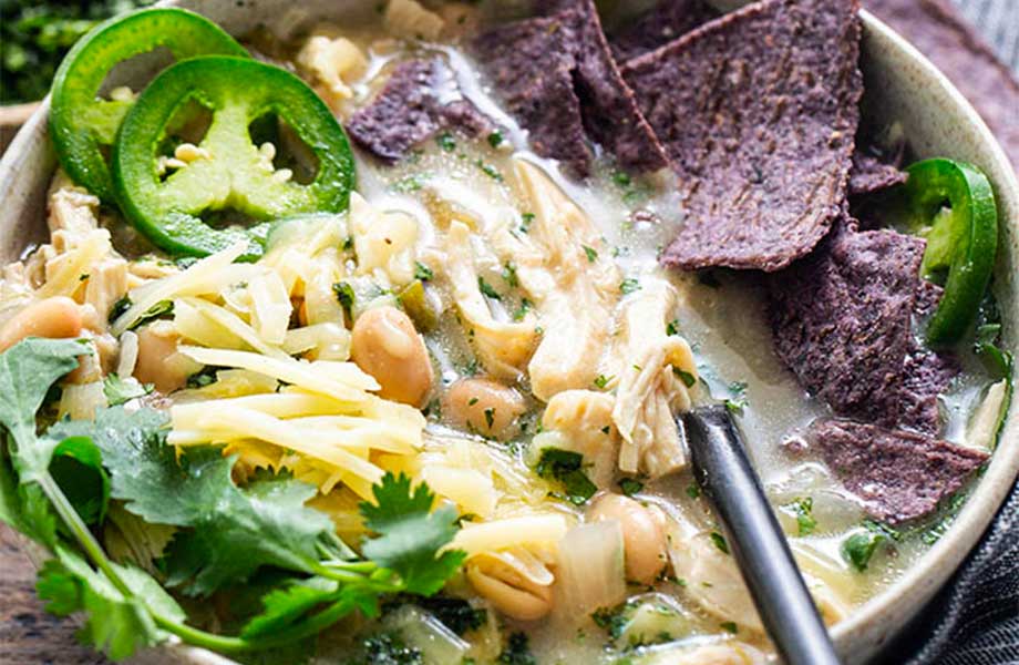 A bowl of white chicken chili