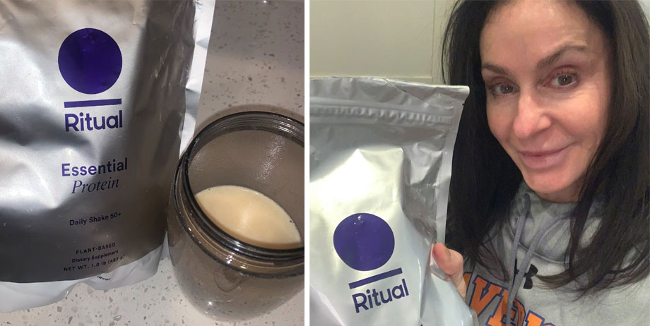 Woman holding bag of ritual protein powder