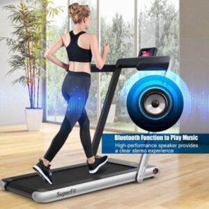 Woman jogging on Costway Super Fit Folding Treadmill with pop out graphic about Bluetooth-function.