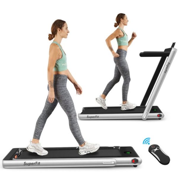 Woman walking on Costway Super Fit Treadmill with no handles in foreground and the same woman running on treadmill with the handles in background.