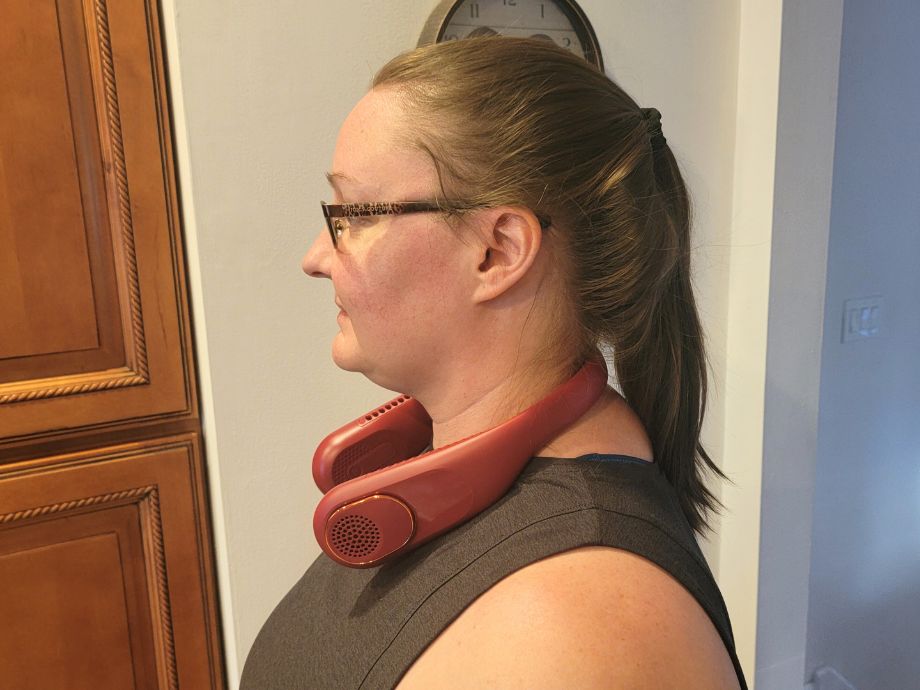 A side image of a woman wearing the SWEETFULL Portable Neck Fan