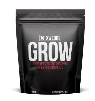 xwerks grow whey protein isolate black bag product photo on white background