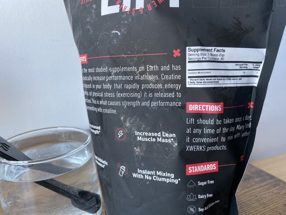 A close up of a bag of XWERKS Lift Creatine that clearly shows the Supplement Facts label