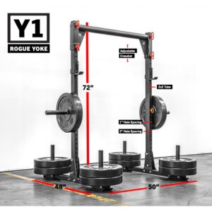 The Rogue Y-1 Yoke is made of US steel and features a crossbar, uprights, plate storage, and skid feet.