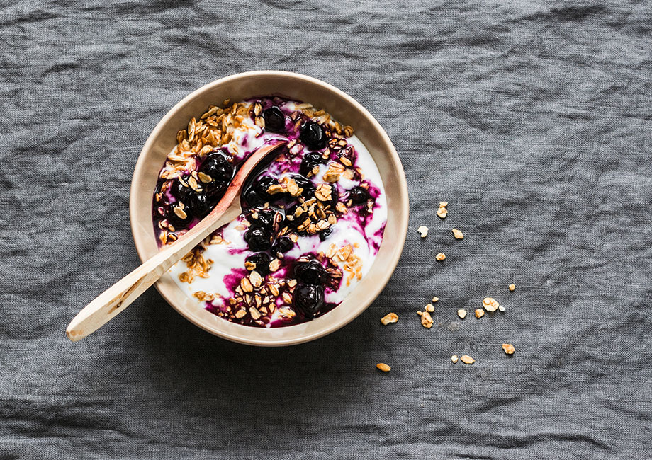 Looking down at a Yogurt Granola Berries Bowl.